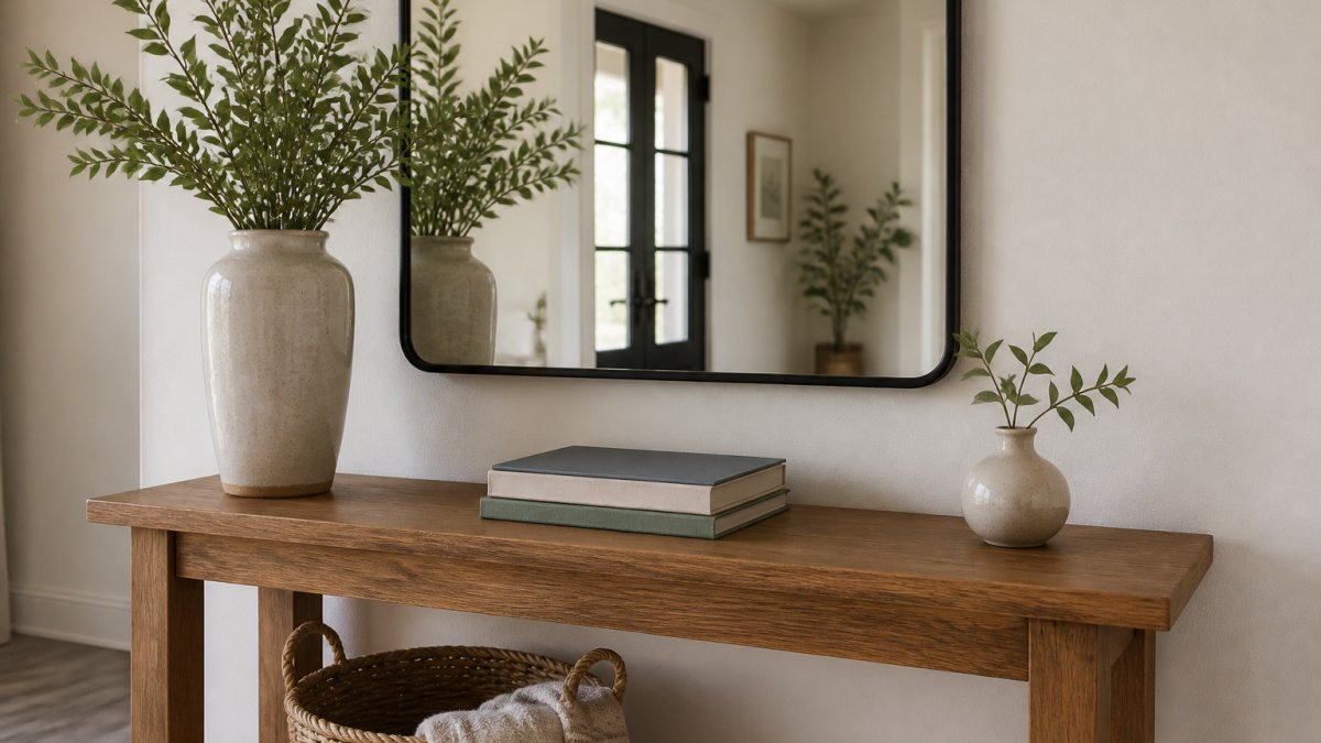 A narrow wooden console table in a bright entryway, styled with a tall ceramic vase on one side, a small bud vase on the other, and a stack of books in between, with a mirror above showing the reflection of the arrangement