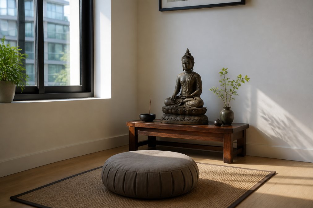 Diagram showing the step-by-step layout for a meditation sanctuary featuring buddha statues
