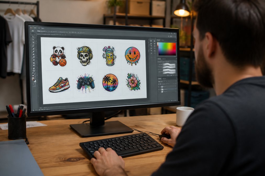 Designer working at a computer displaying a DTF gang sheet layout with multiple custom apparel designs arranged on screen, showing the workspace with design software interface displaying colourful artwork, transfer designs, and positioning guides