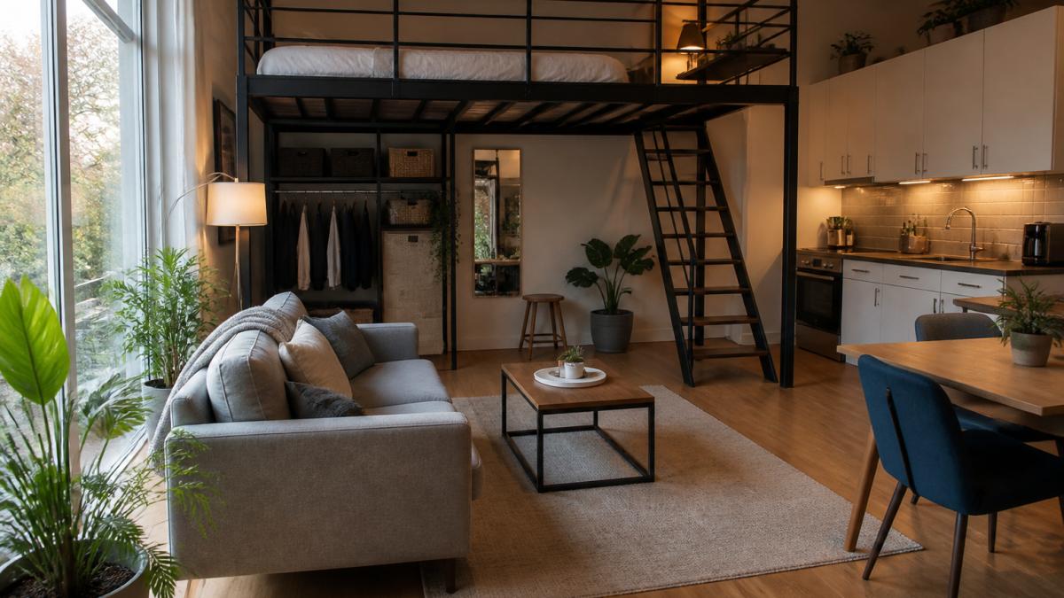 A well-organized studio apartment with a lofted bed creating distinct sleeping and living zones below, a sofa angled to face a small table, natural light streaming through large windows, and clear walking paths between furniture pieces