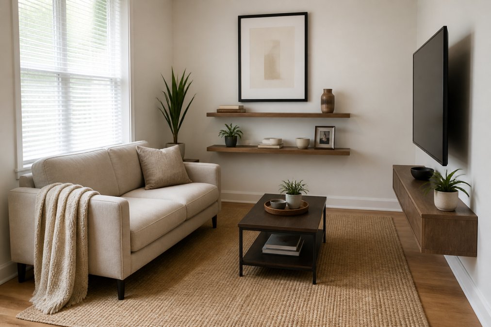 A small living room with a low-profile sofa, floating shelves, and a slim coffee table arranged strategically with open floor space visible and natural light from a window