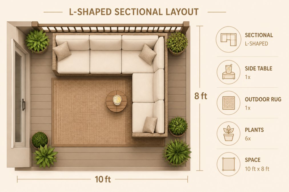 Small patio with L-shaped sectional sofa arrangement, neutral cushions, compact side table with beverage, outdoor rug anchoring the seating zone, potted plants framing the perimeter