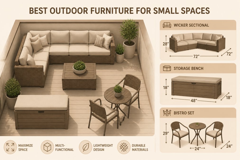 Close-up of outdoor furniture pieces on small patio including wicker sectional with cushions, storage bench with soft cushion, and compact bistro table arrangement, all arranged to maximize usable space