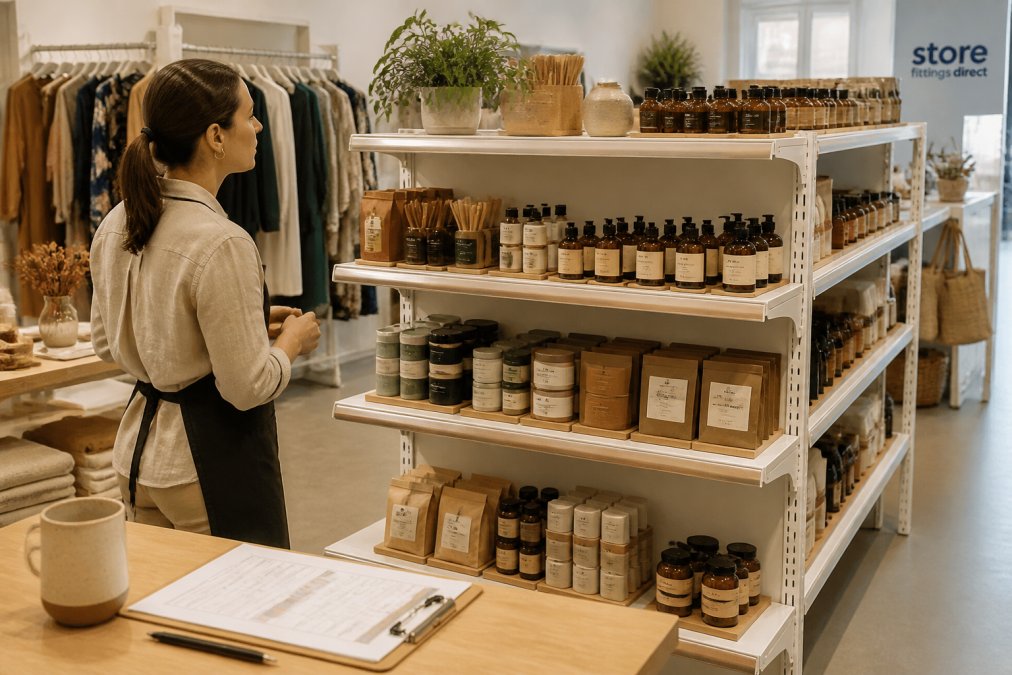 A shop assistant in a boutique arranging products on a mid-height gondola shelf, stepping back to check the display, with a clipboard of planogram notes on a nearby counter