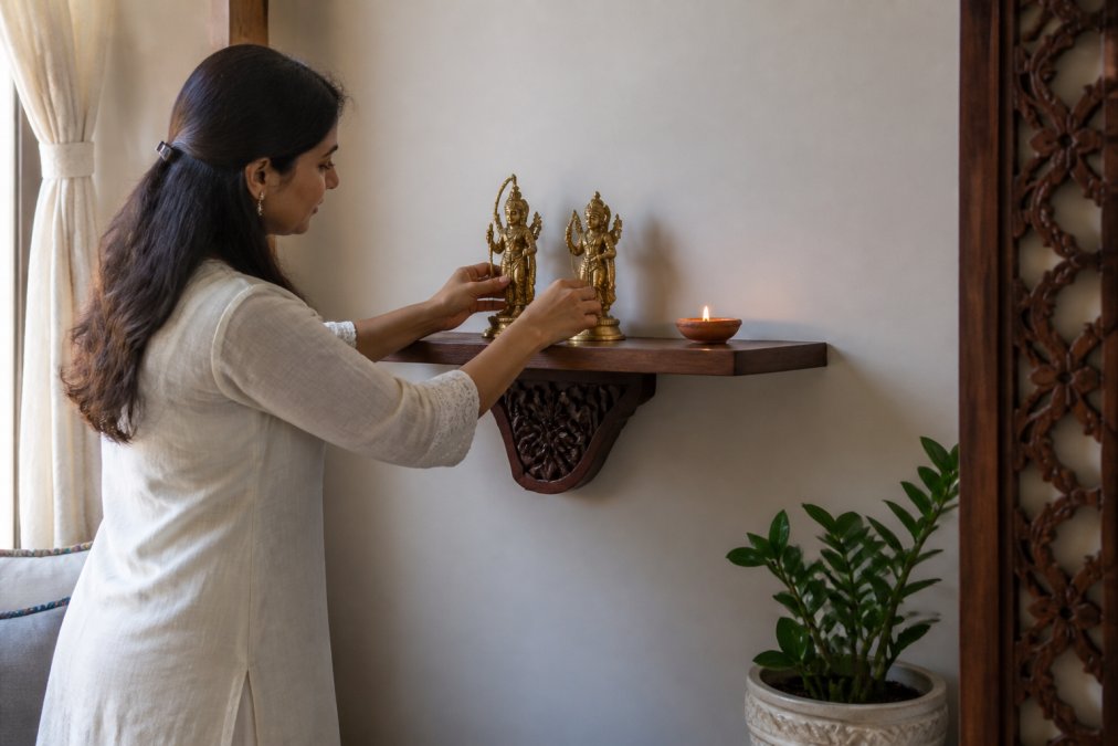 A young woman in a linen kurta arranging two small brass Hindu idols and a clay diya on a wall-mounted wooden shelf in a sunlit apartment corner, potted plant beside it