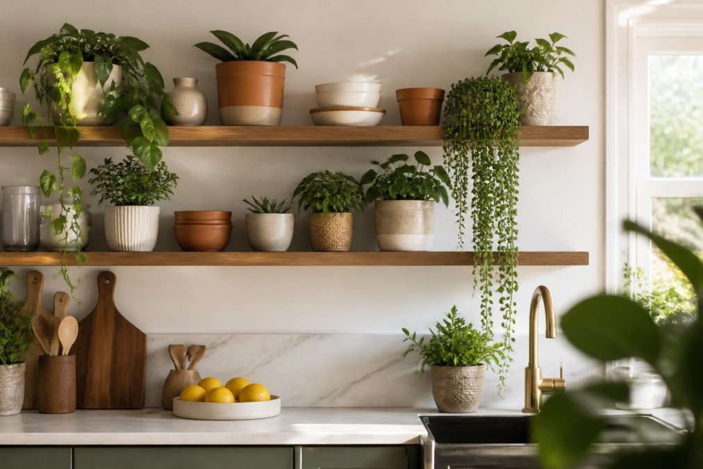 Styled open kitchen shelf displaying potted plants at varying heights with trailing vines spilling over edges, ceramic and terracotta planters in neutral tones, natural light creating soft shadows across the arrangement