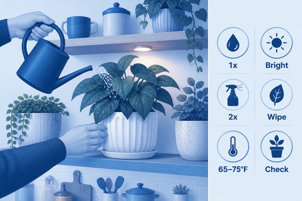 Close-up of hands watering a potted plant on a kitchen shelf with a watering can, showing lush foliage with visible moisture on leaves, condensation evident on nearby plants, warm kitchen light in background