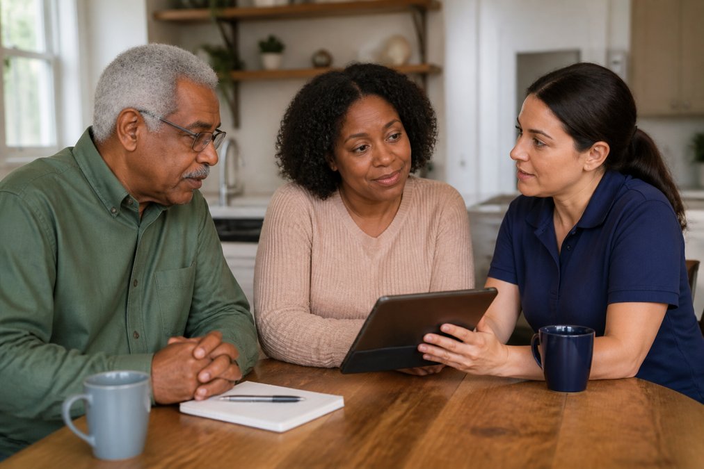 Family and coordinator reviewing a live-in care plan on a tablet at a kitchen table during stroke recovery