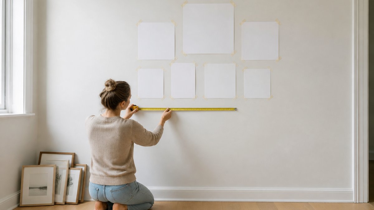 A person kneeling on a light oak floor holding a tape measure against a pale wall, with paper frame templates taped in a grid arrangement above them and a small stack of neutral framed prints leaning nearby