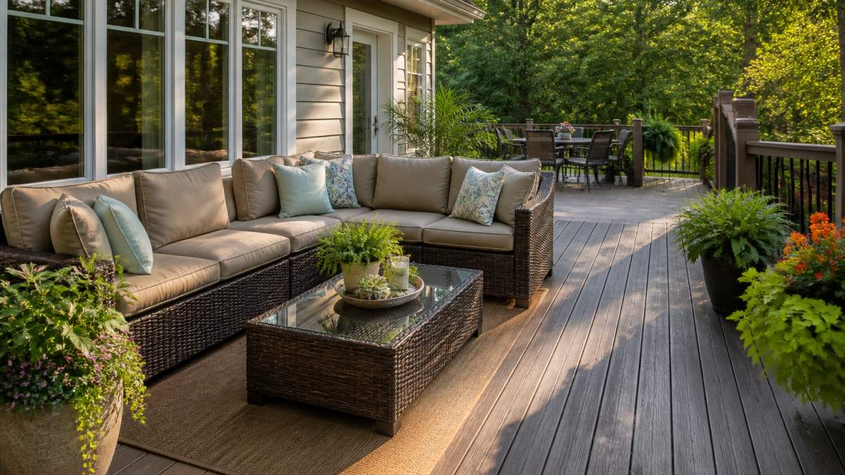 A well-arranged backyard deck with a brown wicker sectional sofa, glass-top coffee table, and potted plants, showing a clear walkway and cozy conversation area in warm afternoon light