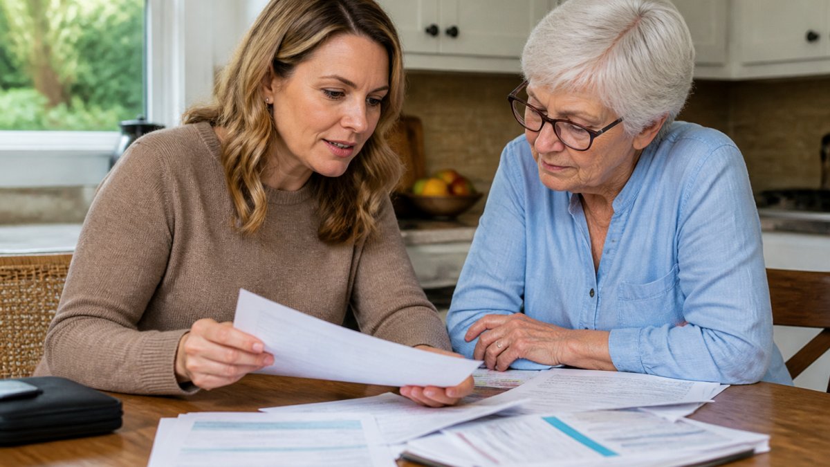 Adult caregiver and elderly parent sitting together at a kitchen table reviewing care documents and medical information in natural daylight
