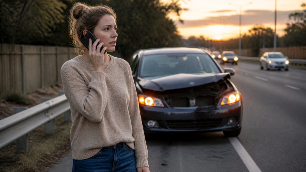A person standing safely on the side of a road at dusk, on the phone, with a damaged car and hazard lights on in the background