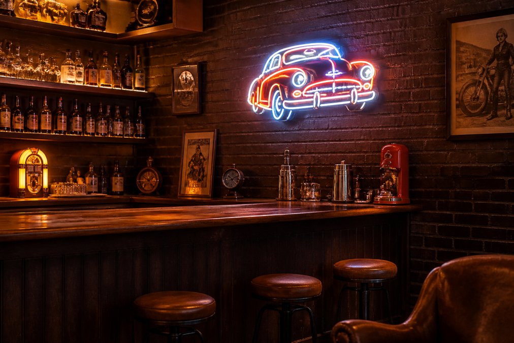 A cozy home bar in the evening with a glowing vintage neon sign mounted on a dark brick wall, surrounded by retro memorabilia and warm ambient lighting from nearby shelves