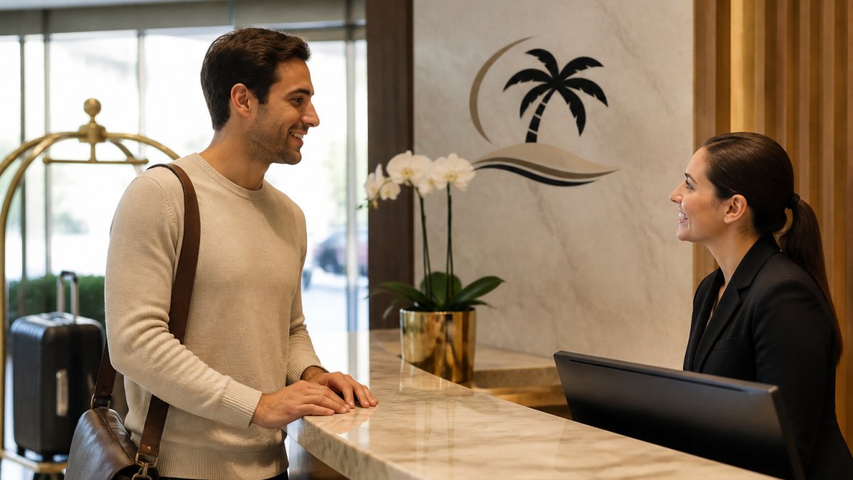 Traveler smiling while requesting a suite upgrade from a friendly hotel front desk agent in a modern lobby
