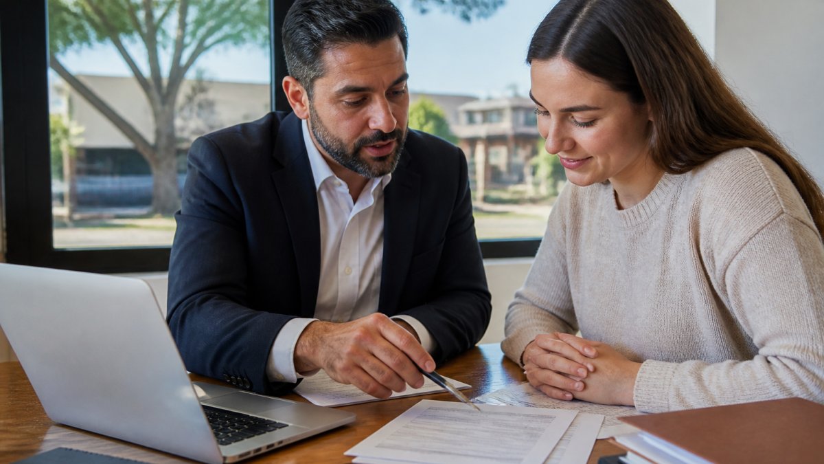 Real estate agent and buyer reviewing purchase agreement documents together at a desk with laptop, pen, and closing disclosure paperwork visible in modern office setting with natural window lighting