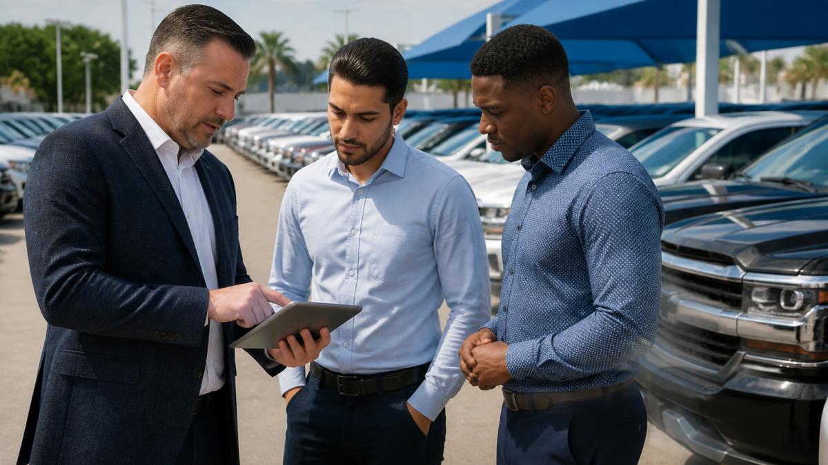 Used car sales manager discussing inventory and pricing strategies with his team on a tablet in the dealership lot.