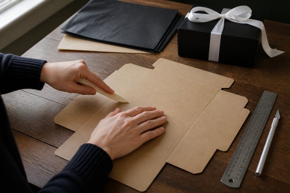 Hands scoring and folding a piece of kraft cardboard on a wooden craft table, with a bone folder, ruler, craft knife, and decorative paper arranged neatly nearby, warm natural light from a side window