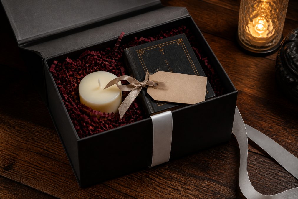 An open gift box filled with deep burgundy crinkle paper shreds, a small pillar candle, a dark-cover novel, and a handwritten gift tag with a ribbon, styled on a dark moody wooden surface with warm candlelight in the background