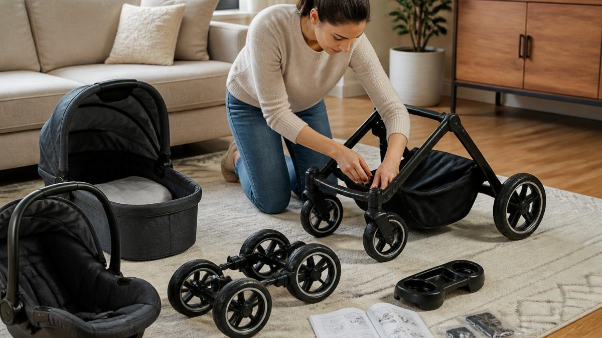 A parent kneeling on a living room floor assembling a travel system stroller, with wheels, frame, and manual laid out on a light rug in a bright modern home