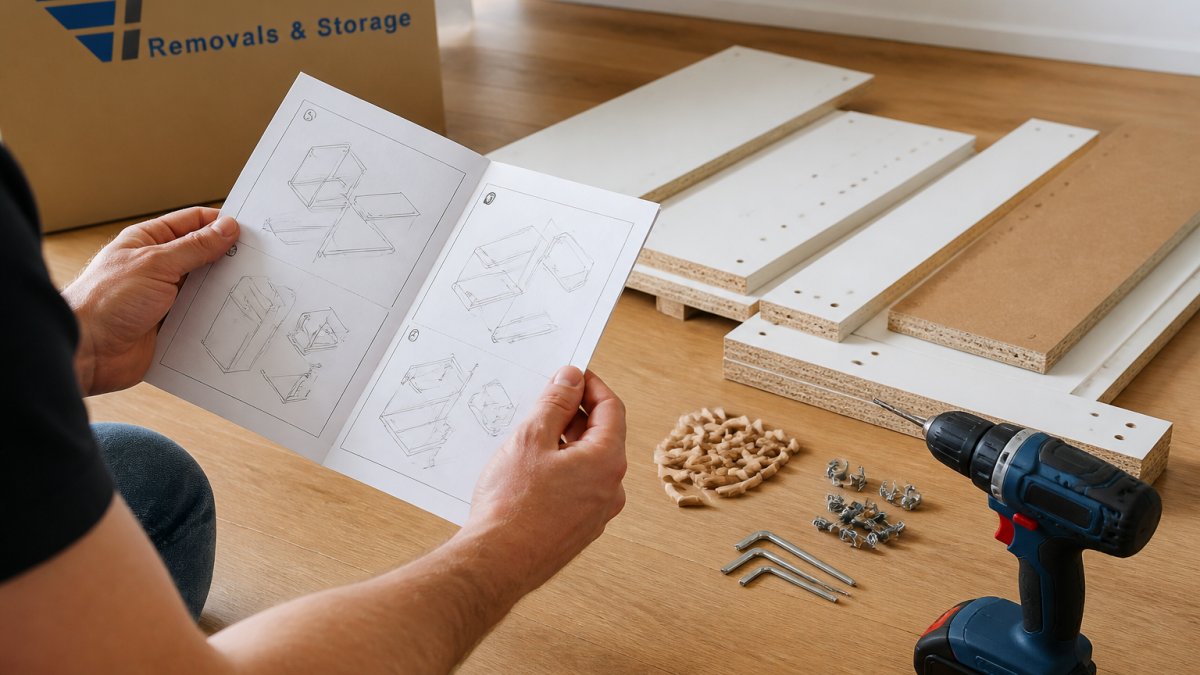 Close-up of hands holding furniture assembly instruction manual with detailed diagrams, alongside a cordless drill, Allen keys, and wooden dowels on a clean wooden floor