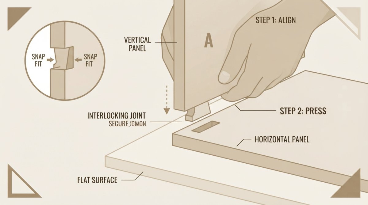 Hands aligning two interlocking wooden furniture panels together, showing the snap-together joint connection in action on a clean, flat assembly surface with natural lighting