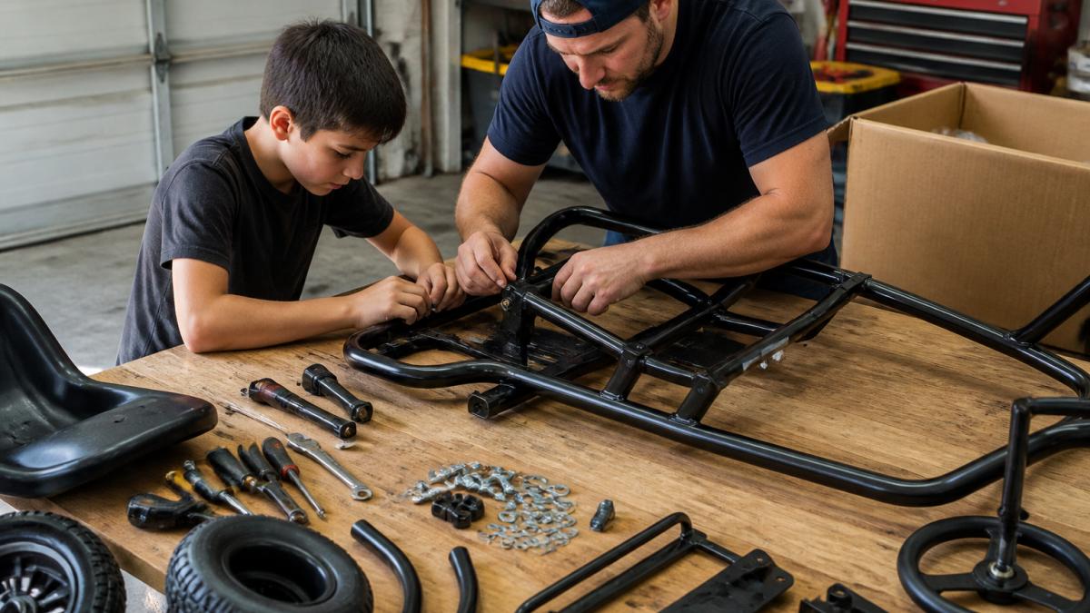 Parent and child working together on workbench assembling go-kart frame components with tools and fastening hardware visible in natural lighting