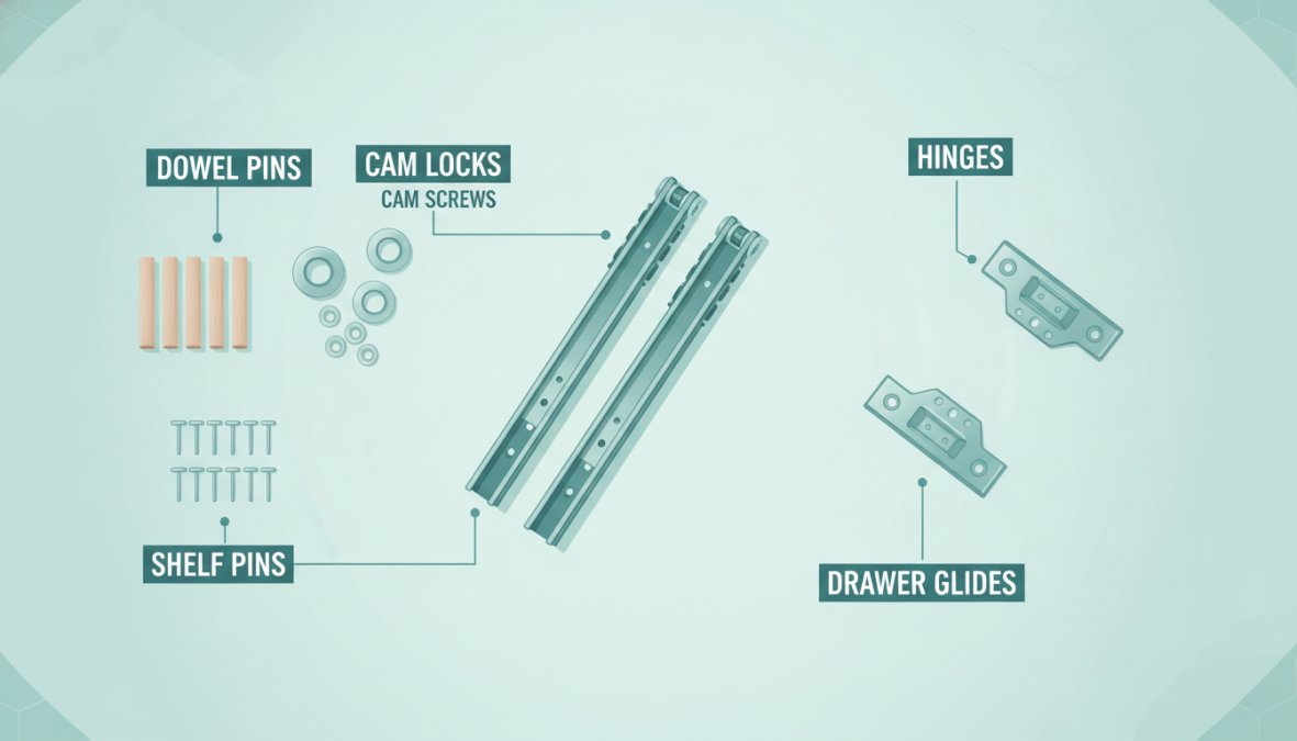Close-up of RTA cabinet components laid out on work surface, showing dowel pins, cam locks, shelf pins, drawer glides, and hinges organized by type with schematic drawings nearby