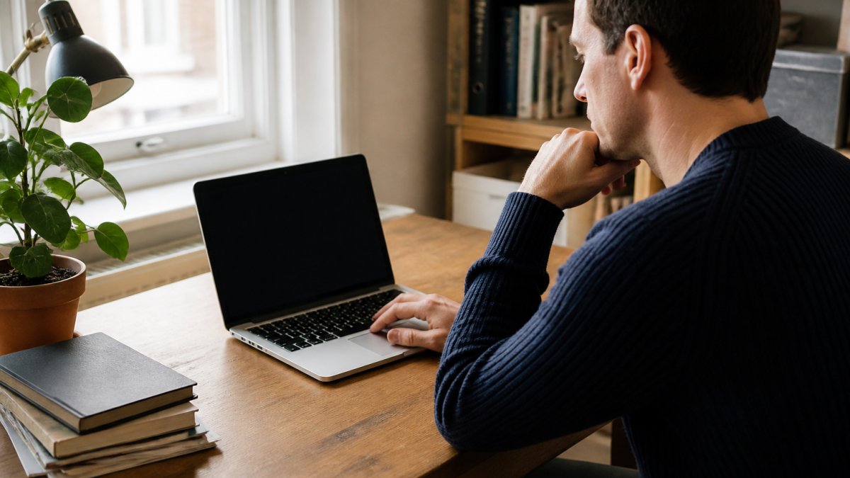 Person seated at a laptop in a bright home office, focused on screen displaying a broadband speed test in progress with download and upload metrics visible