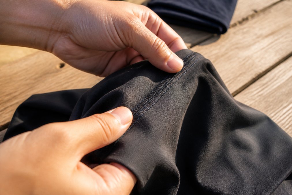 Close-up of hands inspecting garment seams, examining stitch density and thread quality on a carefully folded piece of apparel under natural light