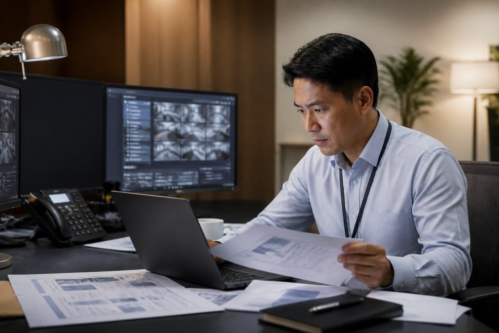 Hotel IT director reviewing cybersecurity audit reports and network diagrams on laptop at office desk, with security protocols visible on monitors in background