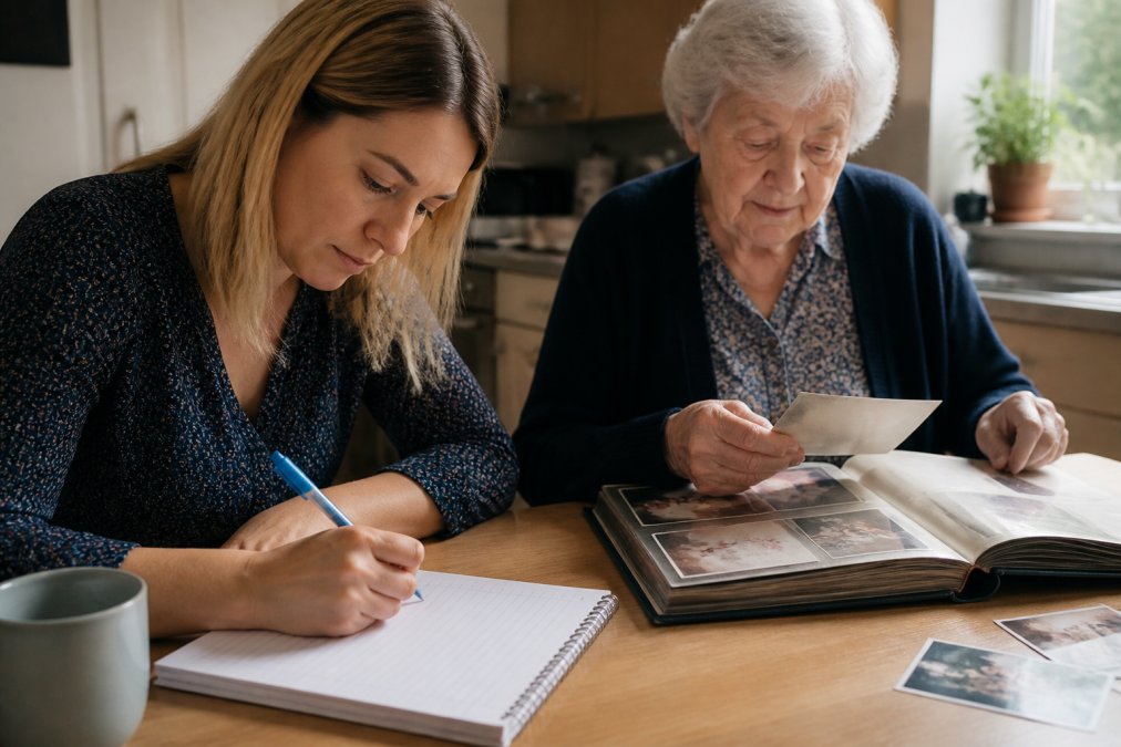 A family member sitting at a kitchen table with a notebook and pen, writing notes while an older relative looks through a photo album nearby, warm natural light through the window