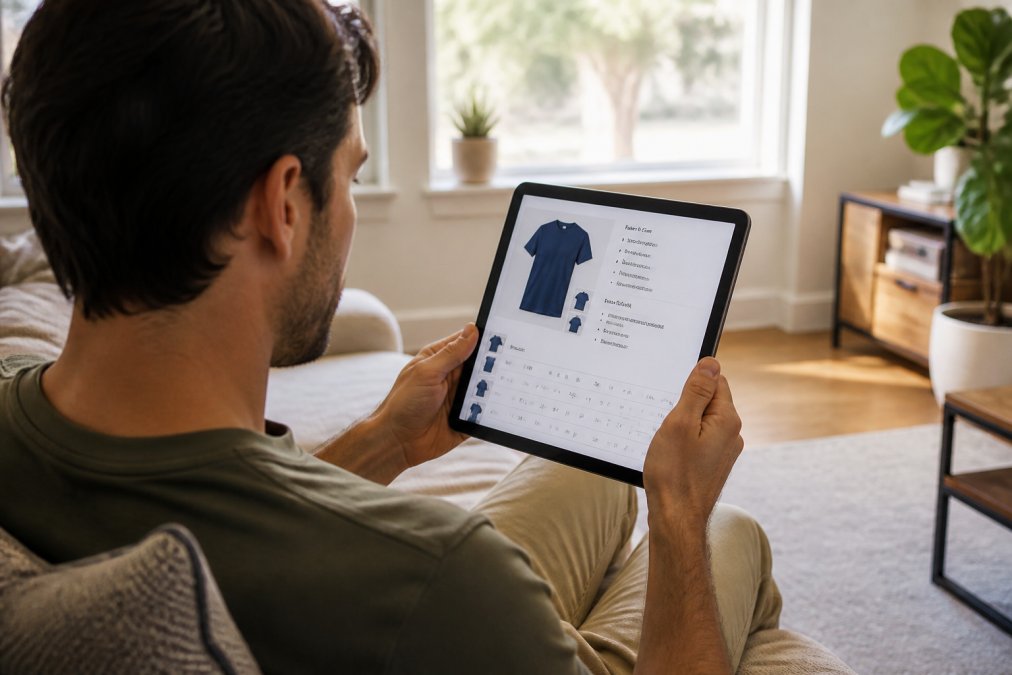 A person in a bright, casual living room holding a tablet, closely examining an online product page for a t-shirt, with fabric details and size chart visible on the screen
