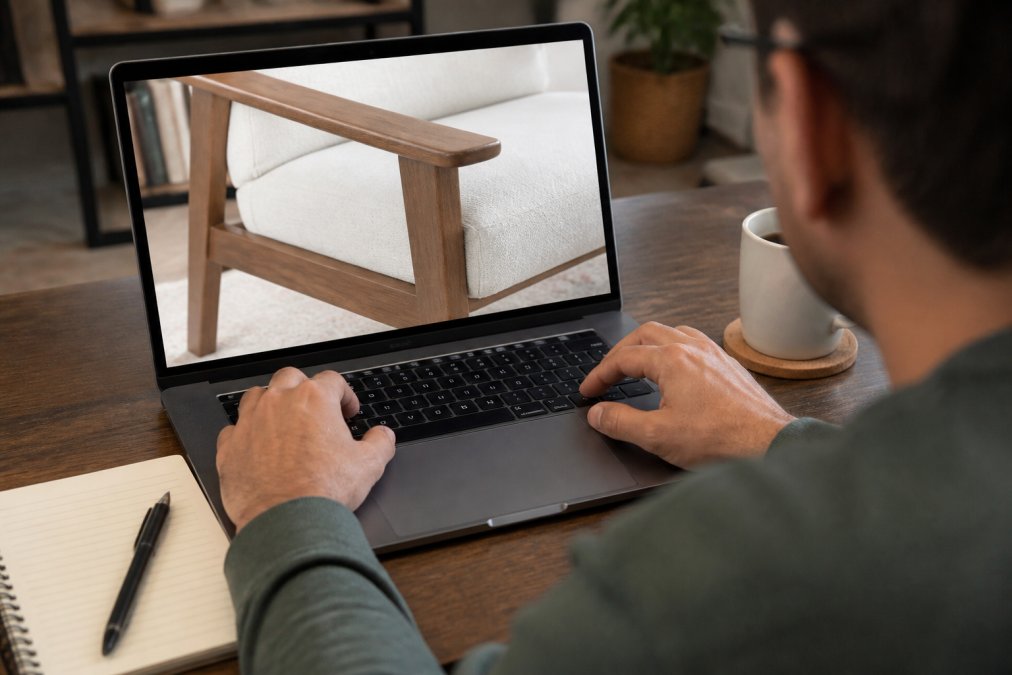 Hands analyzing digital product photos on a laptop to assess furniture quality while taking notes on a notepad.