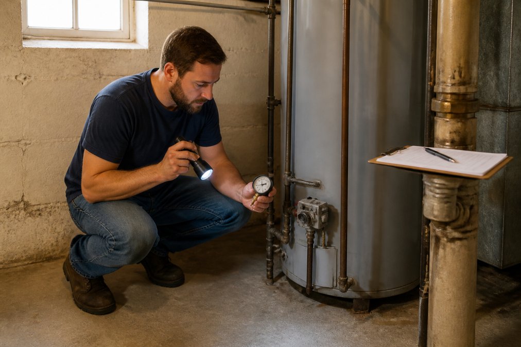 A homeowner kneeling beside a basement water heater, holding a flashlight and a pressure gauge, with a clipboard and pen resting on a nearby pipe, warm natural light from a small window