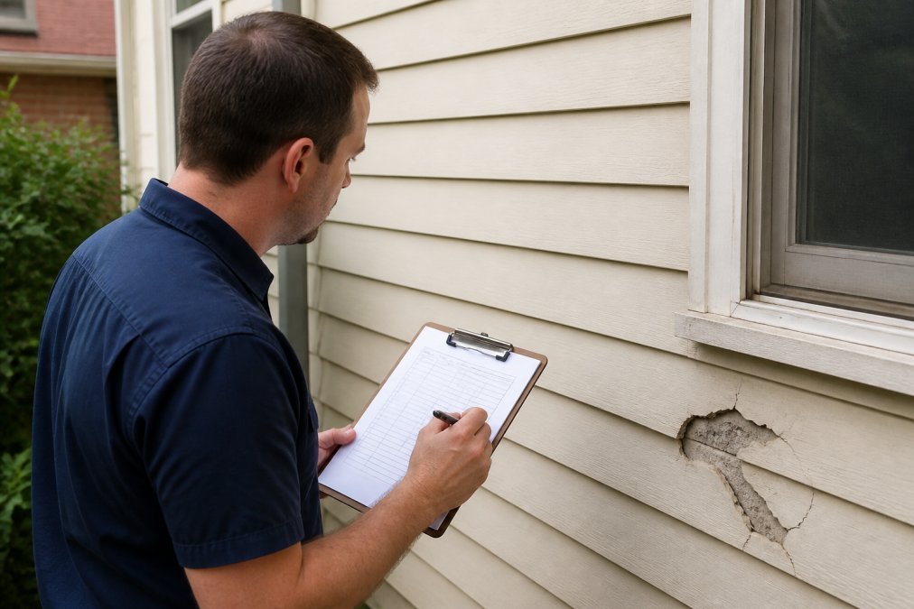 Professional property inspector examining residential property walls and fixtures with clipboard, taking detailed notes during thorough property inspection in natural daylight