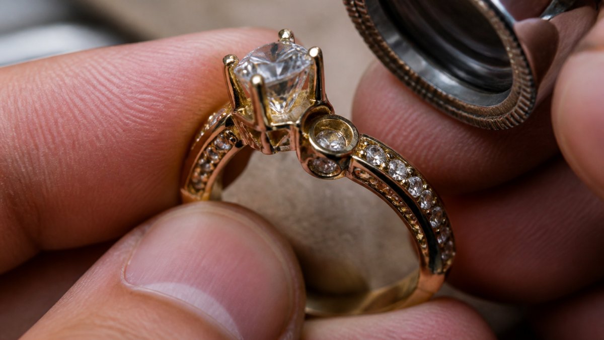 Close-up of fine jewelry ring showing prongs, bezels, and stone setting details under natural light, with sharp focus on the metal work and secure stone placement