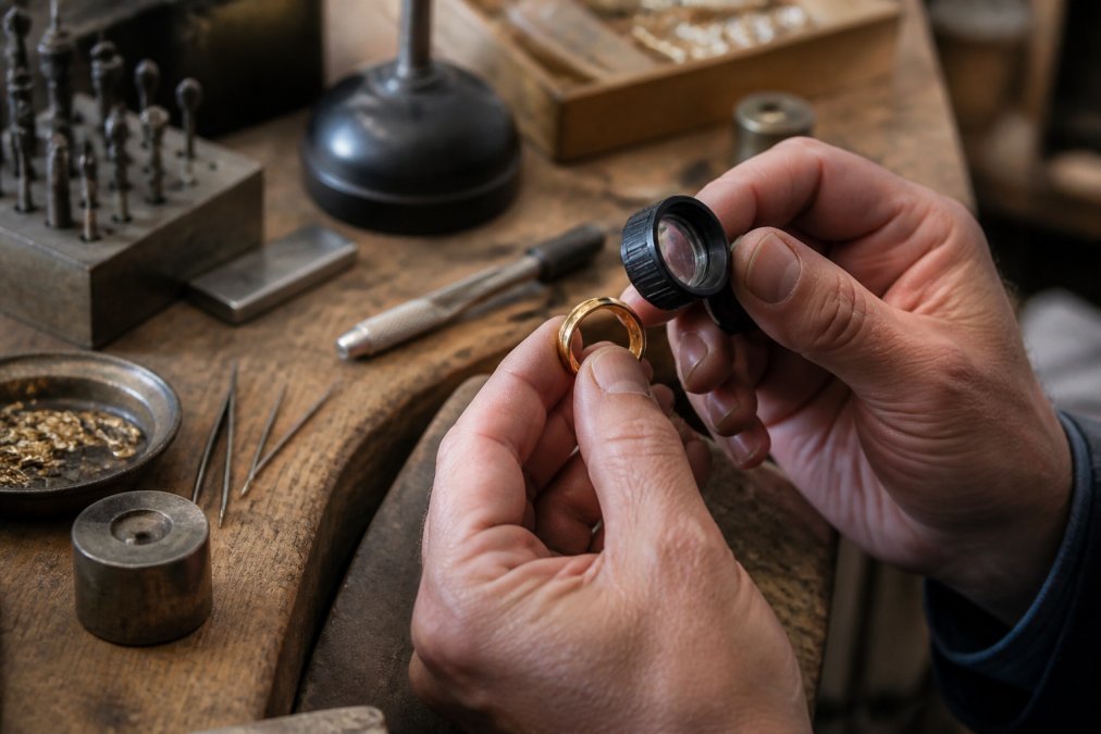 Jeweler using a magnifying loupe to inspect a hallmark stamp on a gold ring at a workbench