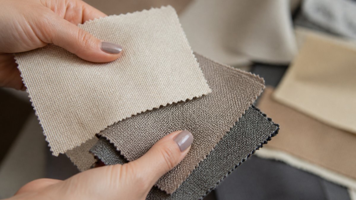 Close-up of hands holding different fabric swatches under natural light, showing visible weave patterns, texture variation, and light reflection differences between loosely and tightly woven materials