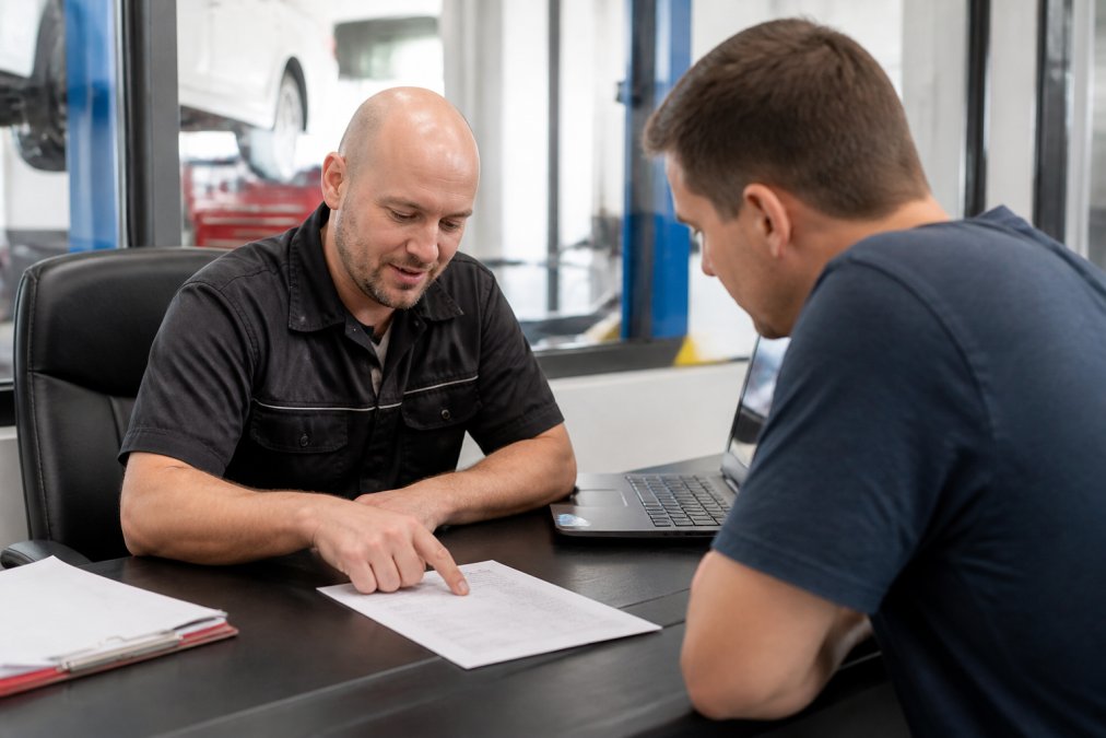 A mechanic in clean workwear sitting at a desk with a customer, pointing at a printed itemised repair quote on the table, with a laptop showing diagnostic software in the background of a bright workshop office