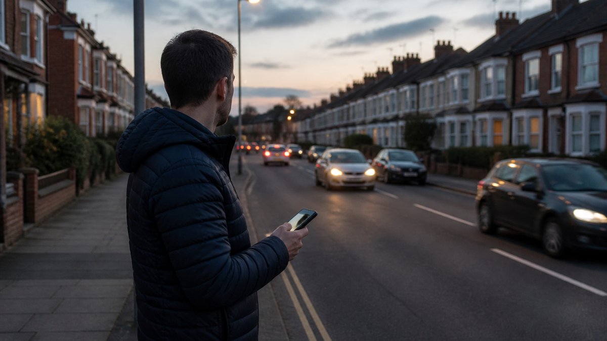 A person standing on a residential street at dusk holding a smartphone, listening and looking towards a nearby road, with terraced houses and a street lamp in the background