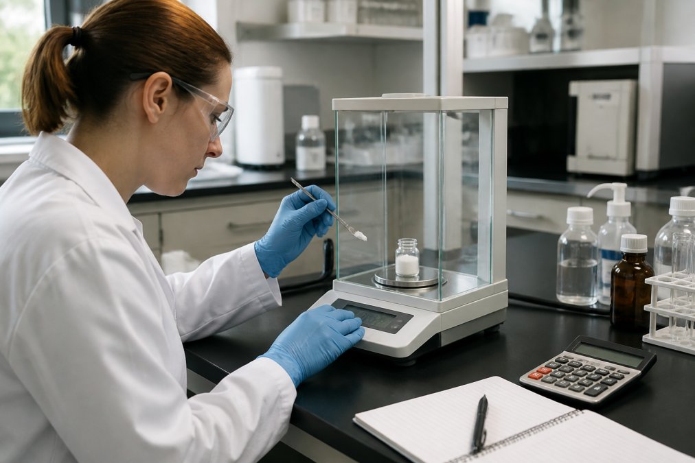 Scientist weighing lyophilized powder on a balance to determine peptide synthesis yield in a laboratory