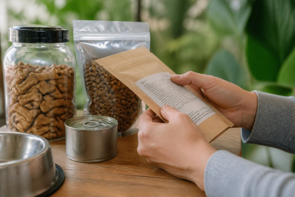 Close-up of hands examining pet product packaging and ingredient label under natural lighting, checking manufacturing date and quality certifications