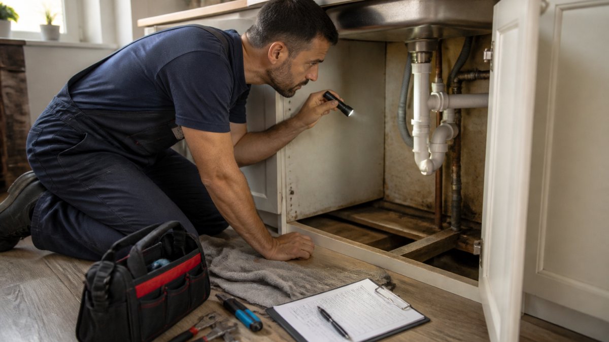 A plumber in work clothes inspecting exposed pipes under a kitchen sink with a flashlight, tools and a clipboard nearby in a home renovation setting