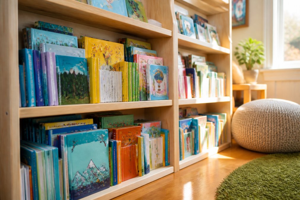 Colorful bookshelf at child's eye level displaying diverse children's picture books and early readers with bright, inviting illustrated covers, wooden shelves organized by color and size, warm natural light illuminating the spines