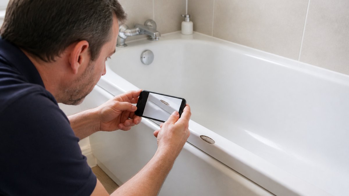 Landlord photographing a chipped bath surface with smartphone from multiple angles, showing natural bathroom lighting and the damage clearly in frame