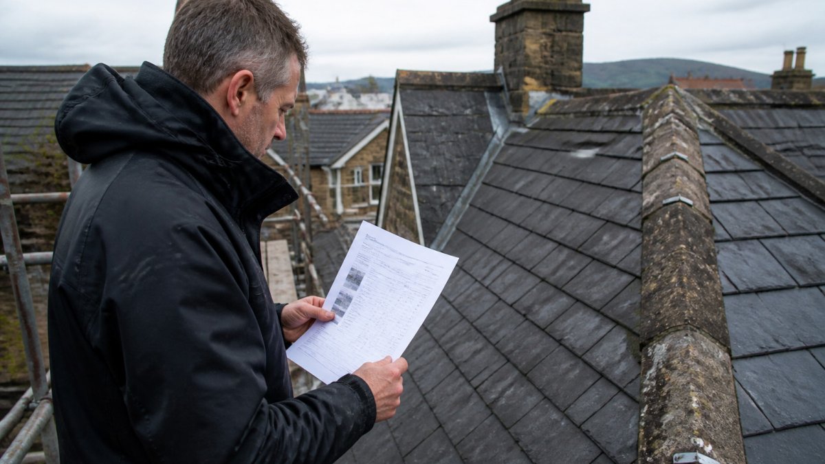 Homeowner reviewing a printed document for roof repair quotes by a slate ridge on an overcast morning