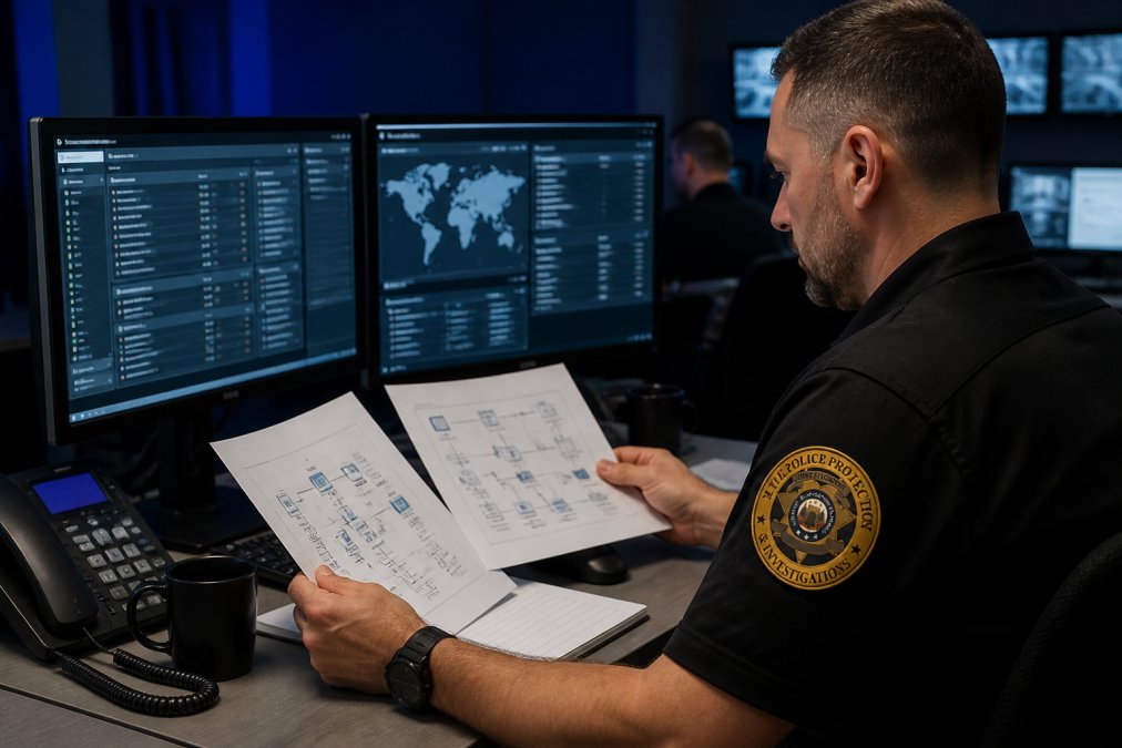 Security professional at a desk reviewing network infrastructure diagrams and security dashboards on multiple monitors in a corporate security operations center with ambient blue lighting