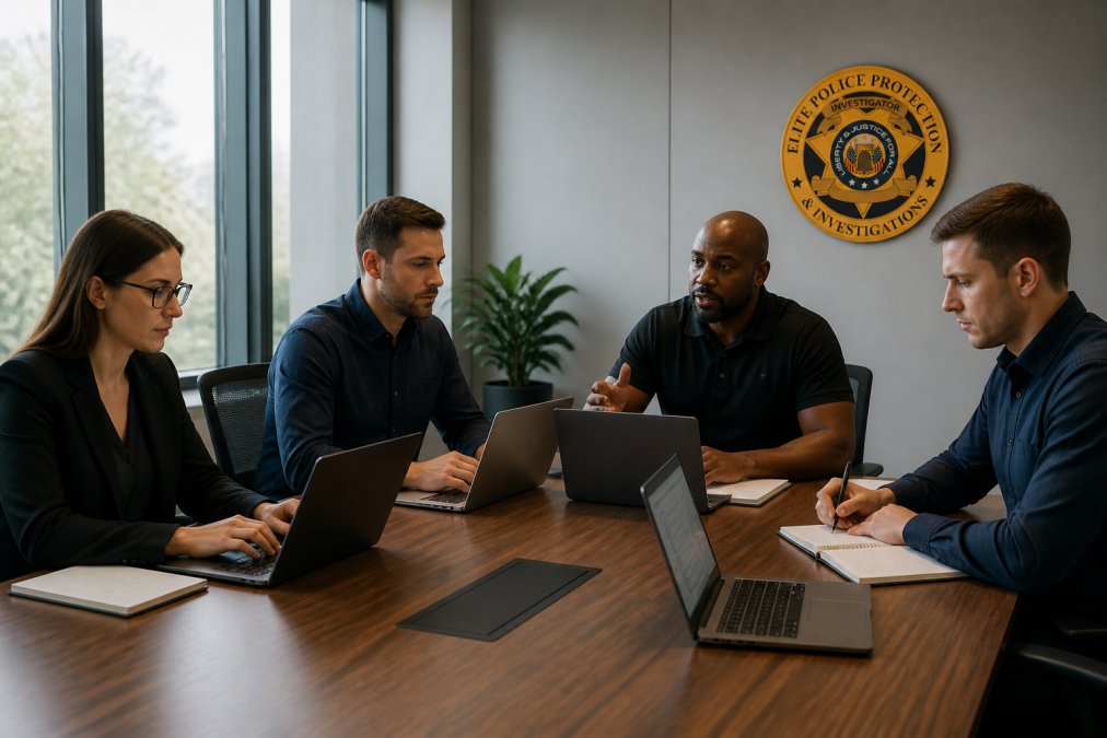 IT team members collaborating around a conference table with laptops, reviewing patch management schedules and remediation priorities in a modern office with natural window lighting
