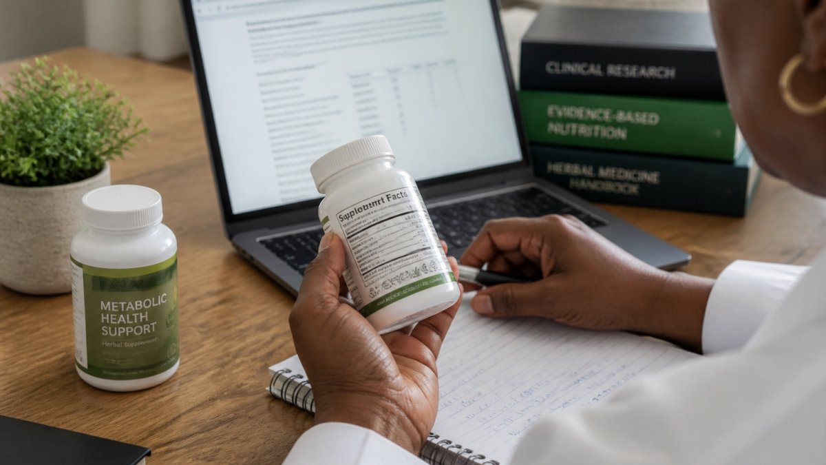 Close-up of hands holding a printed supplement label and research notes next to a bottle on a clean desk with a laptop showing clinical trial data in the background