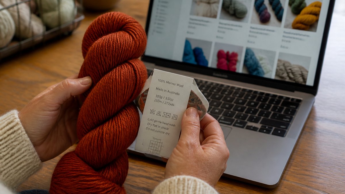 Infographic demonstrating how to assess yarn quality by comparing label fibre content and care instructions
